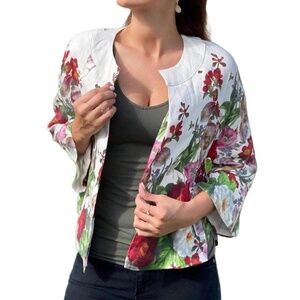 Eva Franco Anthropologie Open Front Floral Rose 100% Linen Cardigan Size M